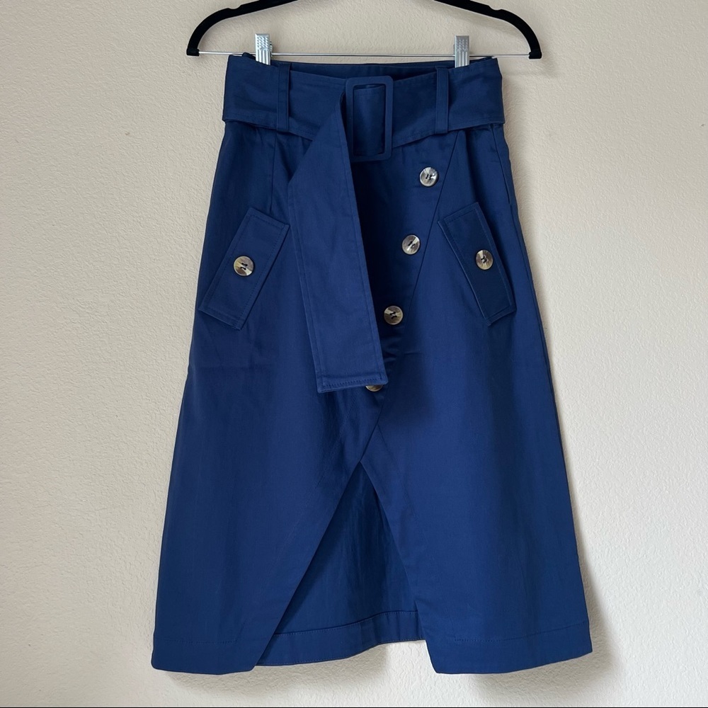 NWOT Olympiah Navy Midi Structural Wrap Skirt, size XS